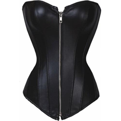2017 Women Leather Corset Zipper Front Steampunk Corselet Waist Trainer Leather Shapewear Sexy Bustier Overbust Corset Tops XL