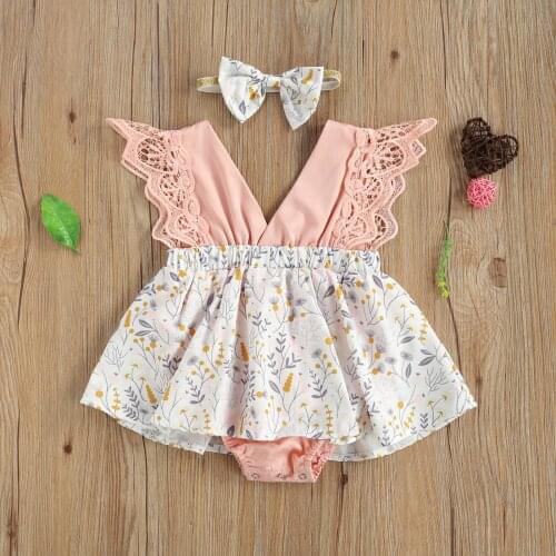 2021 fashionable Bodysuits Newborn Romper Dress with Bow Headband Sweet Style Print Lace Decoration Summer Clothing for 0-24M