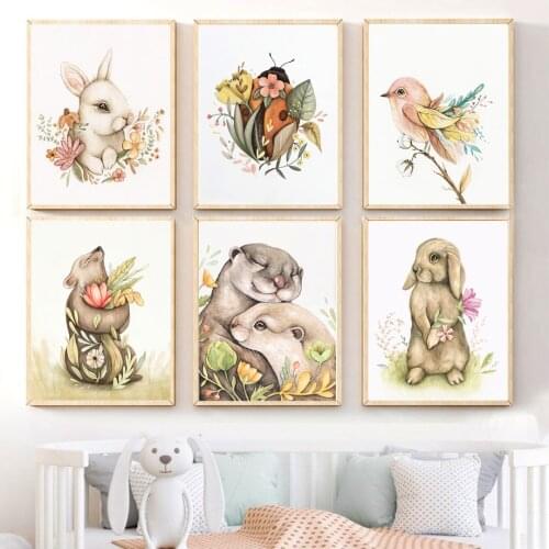 Watercolor Cartoon Animal Otter Rabbit Butterfly Kid Wall Art Canvas Painting Posters And Prints Living Room Nordic Style Decor