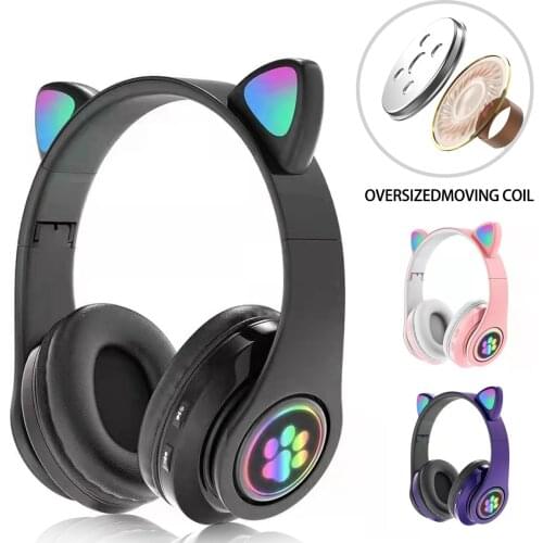 Flash Light Wireless Bluetooth Headphones Cute Cat Ears With Mic Kid Girl Gift HIFI Bass Stereo Music Earphone Support TF Card
