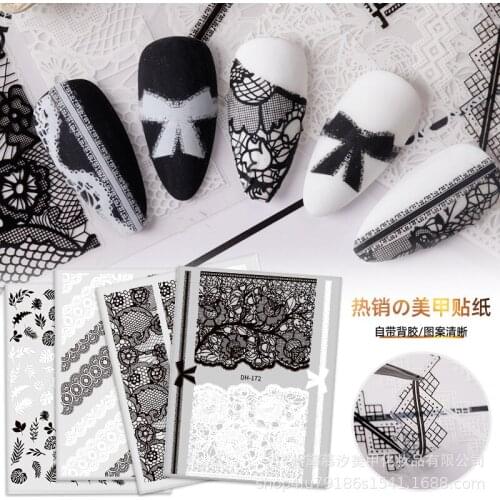 Flower Chic Black And White Lace Hollow Nail Sticker Self-Adhesive 3D Nail Sticker Transfer Decal Holographic Decoration AE008