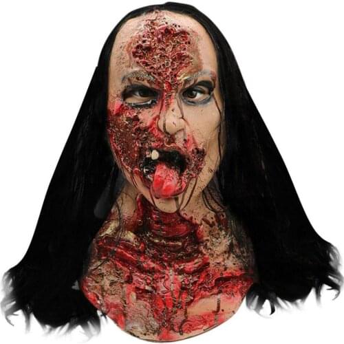 Long Hair Bloody Female Ghost Latex Mask Halloween Unidex Realistic Horror Scary Prop Full Head Party Cosplay Helmet Face Cover