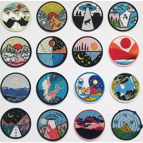 Round Natural Scenery Embroidery Patches Iron on Patch Embroidered Patchs Badge Appliques for Clothing Stickers Backpack Bags