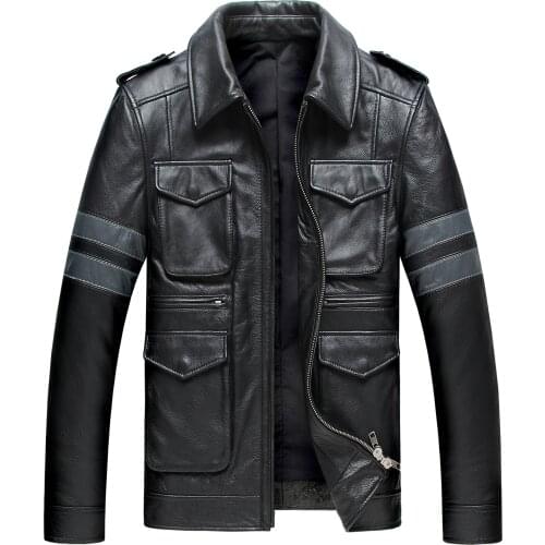 Biohazard Leon Motorcycle PU Jacket Fashion Outerwear Natural Leather Coat Men