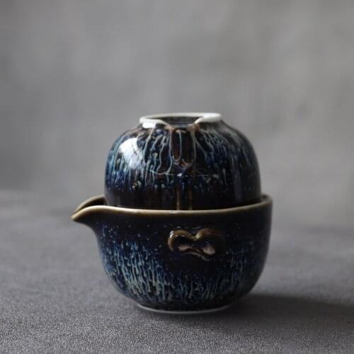 LUWU ceramic teapot gaiwan with 2 cups blue portable travel tea set