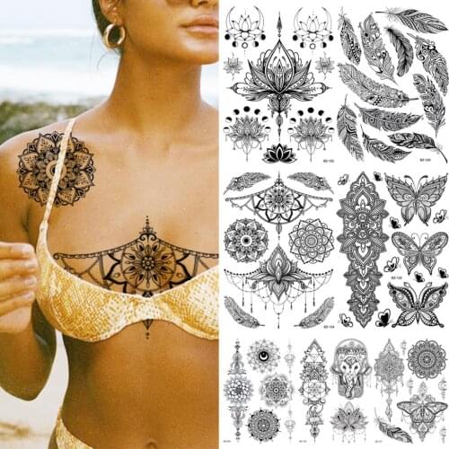 Mandala Henna Temporary Tattoos For Women Girls Underboob Butterfly Elephant Pendant Fake Tattoo Sticker Body Tatoos Tribal