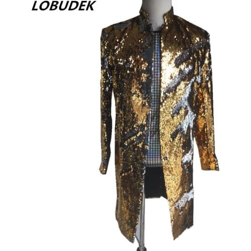 Gold green sequins Mens long Jacket Prom Party Fashion Slim Blazers Outerwear Nightclub Bar singer stage performance Costumes