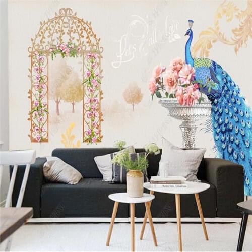 Custom size European retro peacock 3D wall papers home decor mural bedroom self-adhesive wallpaper peel and stick wallpaper