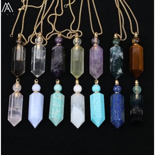 Natural Quartz Crystal Perfume Bottle Gold Chains Pendant Necklace Women Agates Stone Stainless Steel Necklace Jewelry SA-36AMCJ