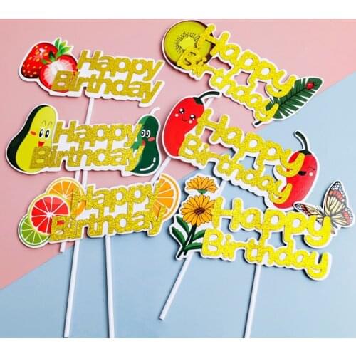 New Glitter Fruit Happy Birthday Cake Topper orange Kiwi birthday Party cupcake Toppers For Kids party Cake baking decoration