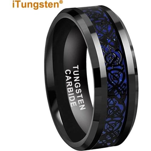 Black Men Ring Wedding Band Tungsten Ring With Blue Carbon Fiber Black Dragon Inlay Comfort Fit