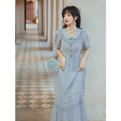 French Sweet Girl Texture Folds Blue Doll Collar Dress Cute Mesh Hollow Puff Sleeve French Retro Dress Fairy Vestidos de fiesta