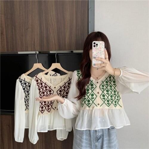 Shirt French Crochet Hollow Embroidery Long-sleeved Shirt Female Design Sense Niche Summer New Korean Blouse
