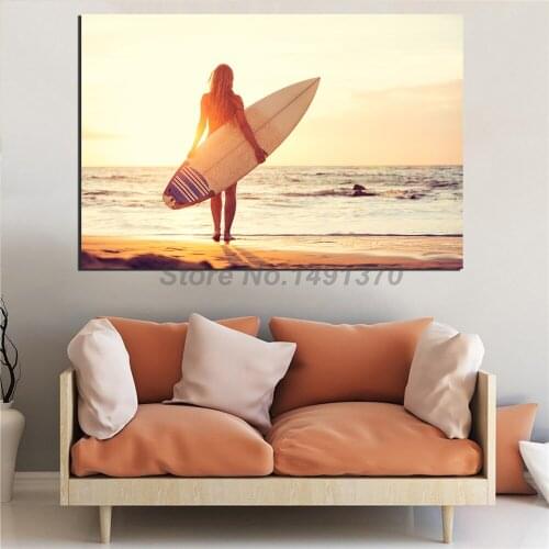 Sexy Woman Pink Beach Poster Surfboard Girl Paintings On Canvas Modern Art Decorative Wall Pictures Home Decoration