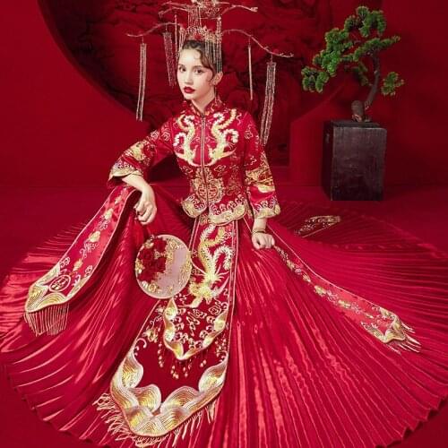 Traditional Wedding Dress Golden Embroidery Phoenix Stylish Banquet Costume Classic Cheongsam China Qipao костюм для восточных