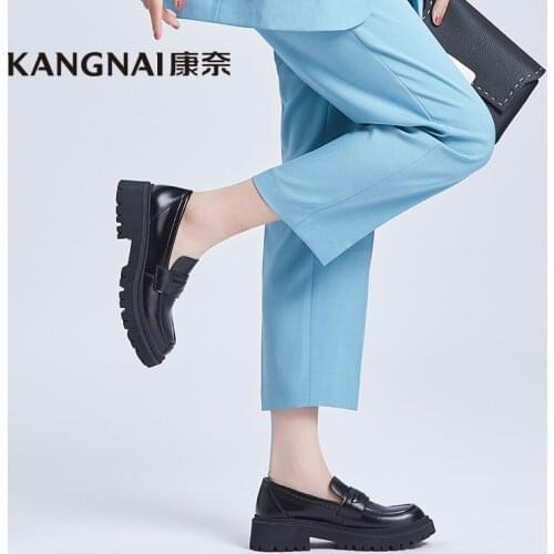 KANGNAI Platform Shoes Women Split Leather Chunky Loafers Round Toe Slip-On Female Penny Shoes