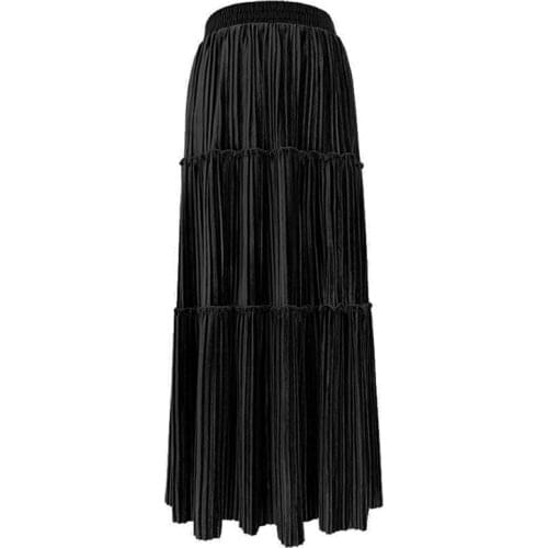 PERHAPS U Black Khaki Elastic Waist Midi Velvet Skirt Pleated Ruched Solid Winter Autumn Casual S0196