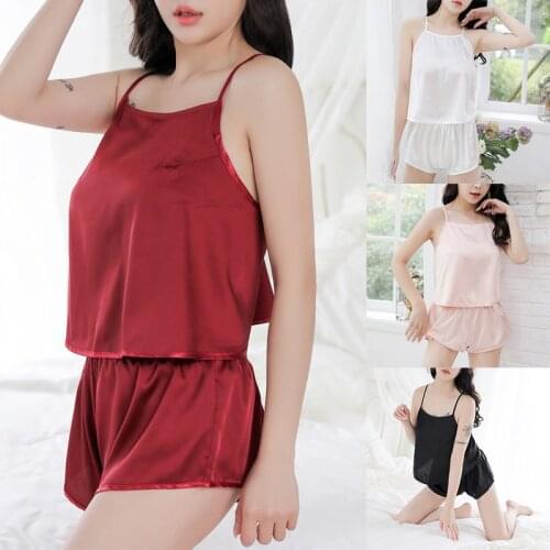 Women Lace up Sleepwear Set Backless Satin Pajamas Camisole with Shorts SN-Hot