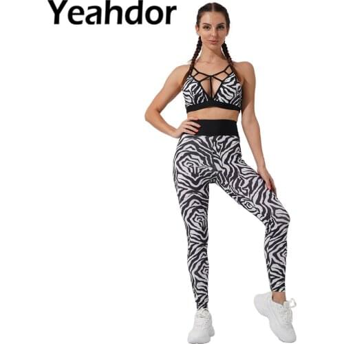 Women Summer Casual Printed Gym Outfit Dancewear Sport Suit Sportwear Strappy Padded Sport Bra Tops with High Waist Leggings Set