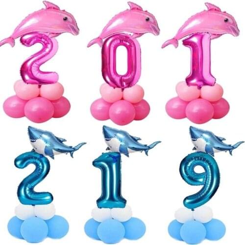 10pcs/set Pink Blue Shark Number Foil Latex Balloons For Kids Birthday Party Decoration 1st Birthday Girl Boy Decor Supplies