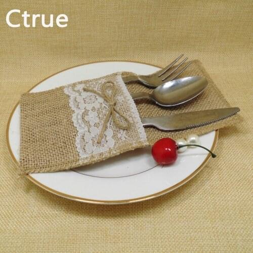 24pcs/Lot Hessian Rustic Wedding Burlap and Lace Cutlery Silverware Holder Pocket vintage wedding decoration