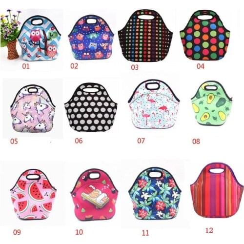 50Pcs Neoprene Lunch Bag For Women Owl Pattern Lunch Bags Picnic Handbag with Tableware Pocket Children Snacks for Women Kids
