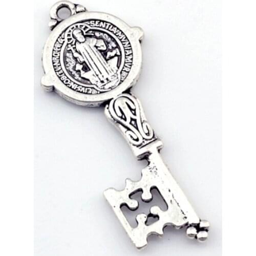 50pcs Tibetan silver Zinc Alloy Saint Benedict Medal Cross Key Charm Pendants Handmade DIY Jewelry Fit Necklace 16.5x41mm