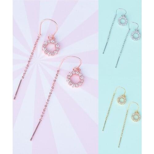 925 Sterling Silver Pin Pink Ring Earring Temperament Ear Chain Long Korean Small Fresh Personality Sweet and Versatile