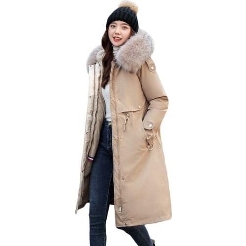 ISENMAL Fur Collar Long Hooded Parka New Winter Jacket Women Big Pocket Adjustable Waist Cotton Liner Coat Three Ways To Wear