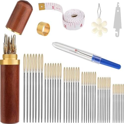 KAOBUY 15PCS Stitching Needles Big Eye Hand Sewing Leather Stitching Needle Fabric Cross Sewing Needles Wooden Needle Case
