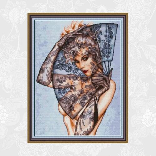 Joy sunday Beauty and folding fan Chinese Cross-stitch Kits Printed Canvas 11CT 14CT DIY Handmade Needlework Embroidery Crafts