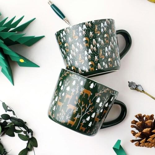 Ceramic Coffee Cup Milk Thermal Insulation Mug Student Christmas Gifts Elk Fox Home Pattern Decoration Couple Cup Kitchen Tool