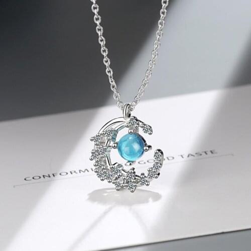 KOFSAC New 925 Sterling Silver Necklaces For Women Jewelry Crystal Blue Zircon Moon Pendant Necklace Lady Valentines Day Gifts