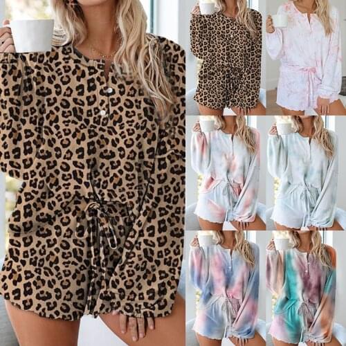 Summer Womens Tie-dye Printing Casual Suit Long-sleeved Shorts Round Neck Casual Loose Suit Plus Size Lingere Home Service