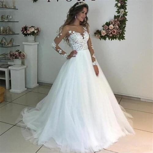 Tulle Wedding Dresses Lace Appliqued Scoop Neck Illusion Long Sleeve Sweep Train Elegant Robe De Mariee 2021 A-line Bride Gowns