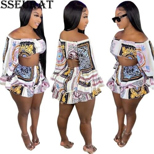 SSEURAT Summer Vintage Suits Flare Sleeve Crop Top & Loose Shorts Set Sexy Night Club Party Street Two Piece Suit Outfits