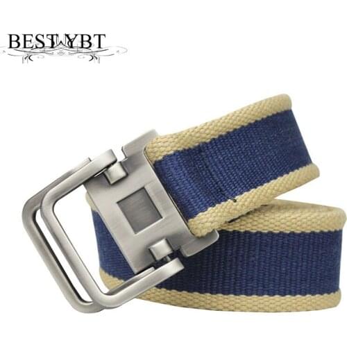 Best YBT Men Canvas Belt Alloy Double Ring Buckle Belt All Match Woven Casual Outdoor Sports And Leisure Fashion Plain Belt