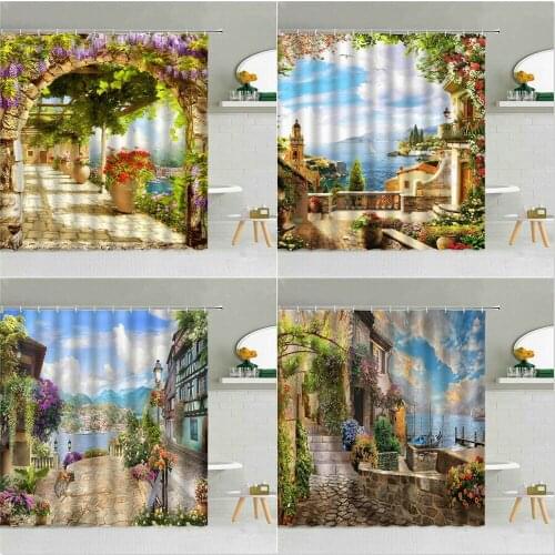 Oil Painting Landscape Shower Curtain Flower Plant Seascape Polyester Fabric Bathroom Supplies Hanging Curtains Home Decor Set