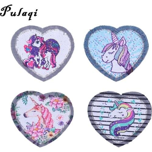 Pulaqi Rainbow Flower Unicorn Sequined Patch Sew On Patches For Bag Clothes Sewing On Reversible Sequin Garment Accessories F