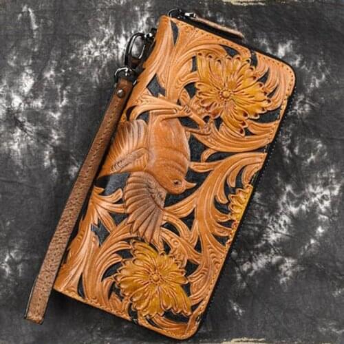 New Embossing Genuine Leather Wallet for Unisex Clutch Bag Vintage Zipper Flower Long Wallet Purse Clutch Unisex Wallet
