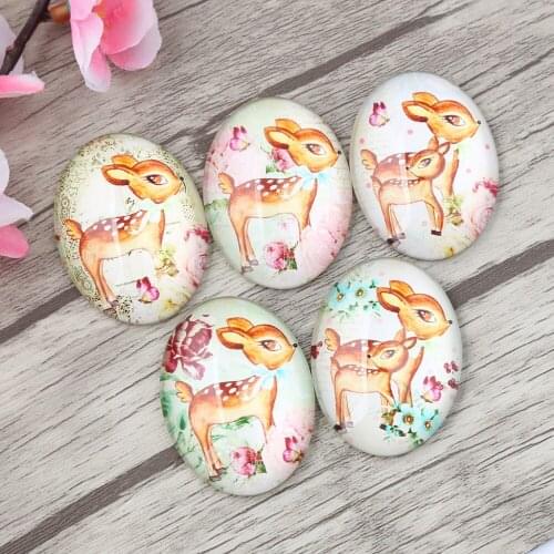 Reidgaller 10pcs Mix Cute Deer Photo Oval Glass Cabochon 30x40mm diy flat back handmade jewelry making findings