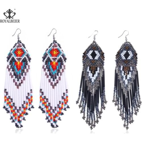 ROYALBEIER Bohemian Handmade Beaded Long Tassel Earrings For Women Jewelry Multicolor Beads Statement Earrings Ethnic Drop