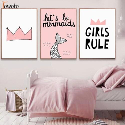 Mermaid Print Crown Quotes Poster Cartoon Canvas Painting Pink Nursery Wall Art Baby Girl Bedroom Decorative Wall Pictures