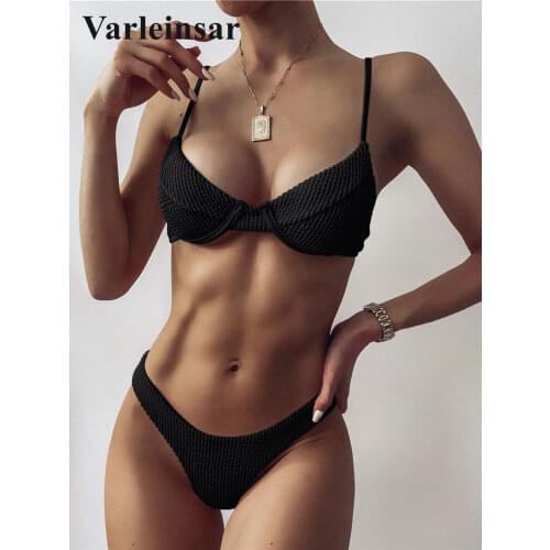 Sexy Ribbed Underwired Bikini Swimsuit Female Swimwear Women Two-pieces Bikini set High Cut Thong Bather Bathing Suit Swim V2697