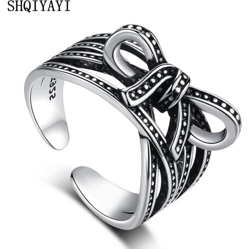SHQIYAYI Thai Silver Black Bowknot Finger Rings For Women Vintage Fashion Jewelry Casual Adjustable Size Accessories 004