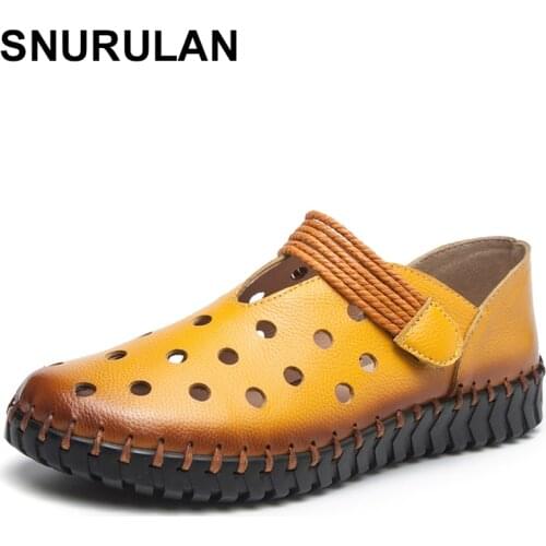 SNURULANSoft Genuine Leather Hollow Shoes Women Slip On Female Loafers Moccasins Women Flats Casual Women Boat Shoes 2020Fashion