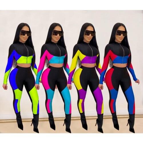 Fnoce 2020 autumn Womens sets tracksuits Fashion Casual long sleeve Front zipper short top and Leggings sport young Suit