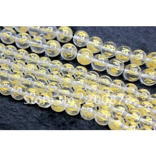 TSB0497 Tibetan Transparent white Crystal round beads,14mm,golden Buddhist OM MANI PADME HUM mantras loose prayer beads