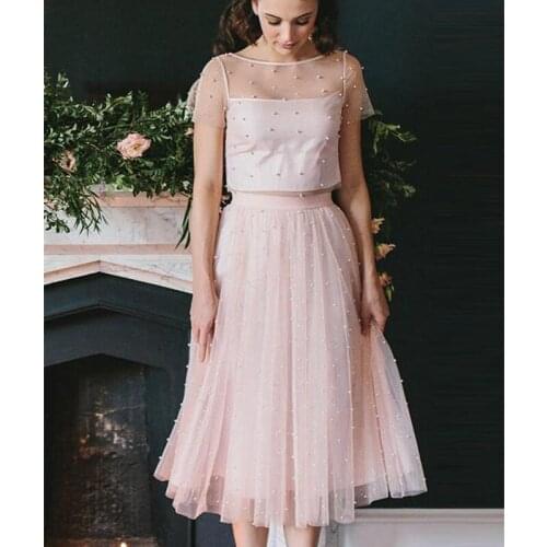 Gorgeous Simple Pink Short Sleeves Pearls Women Two Piece Set Wedding Guest Dress Bridesmaid Dresses