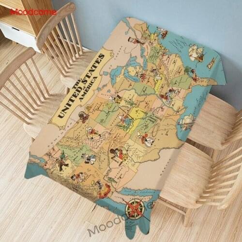 Vintage US 50 States Antique Map Cartoon Texas Massachusetts Home Kitchen Table Cloth Waterproof Wall Art Linen Desk Tablecloth